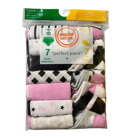 Wonder Nation Girls 7 Perfect Pairs 7 Briefs size 10 and 7 Socks M 10.5 - 4 Pink - Picture 1 of 9